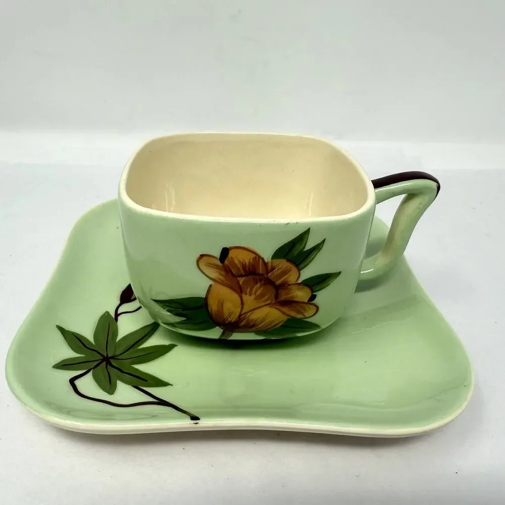 Weil Ware California Pottery Cup & Plate Set Hand Decorated Bamboo Lotus Vintage